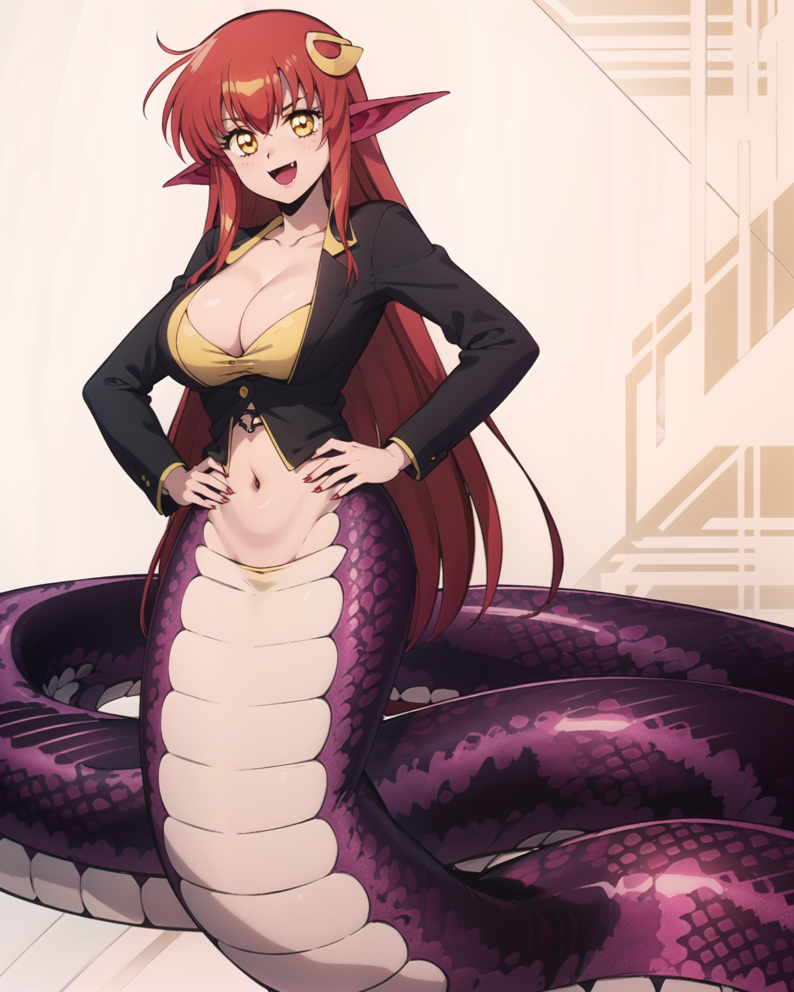 00996-175392333-_lora_LAMIA-SERY-CONCEPT_1_, _lora_MiiaV1.3_1_, 1girl, _d, breasts, cleavage, fang, food, full_body, hair_ornament, hairclip, ha.png